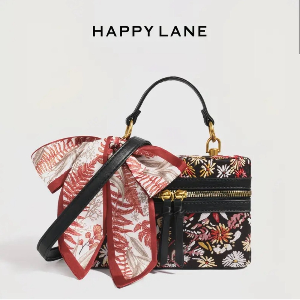 Floral Embroidered Box Bag Crossbody Top Handle w/ Scarf NIP - Picture 2 of 9
